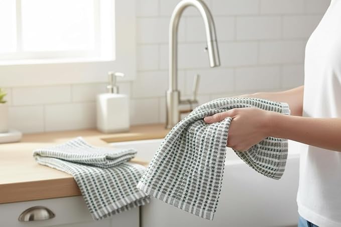 Serafina Home Sage Green Kitchen Dish Towels- Set of 3 100% Cotton Soft Cleaning Drying Absorbent Textured Terry Loop- Oversized 28" x 18" Multipurpose Towels for Everyday Use