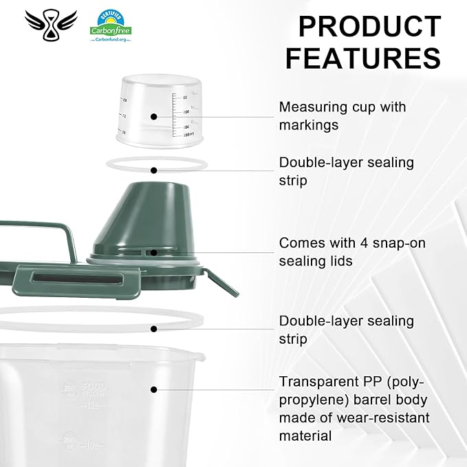 LEAWALK 3-5Lbs Airtight Small Cat Dog Pet Food Storage Containers BPA Free, with Large Pour Spout/1 Measuring Cup/ 4 Safety Locks and Double-layer Silicone Strip (Dark Green2Pack)
