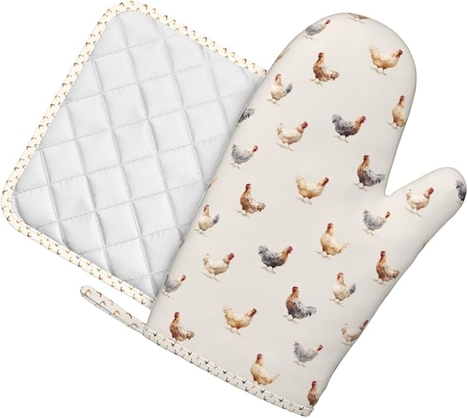 Oven Mitts and Pot Holders Chicken Pattern Silicone Kitchen Accessories Set of 2 Heat Resistant Long Gloves Potholder Non-Slip Grip for Chef Cooking,Baking,Grilling,BBQ