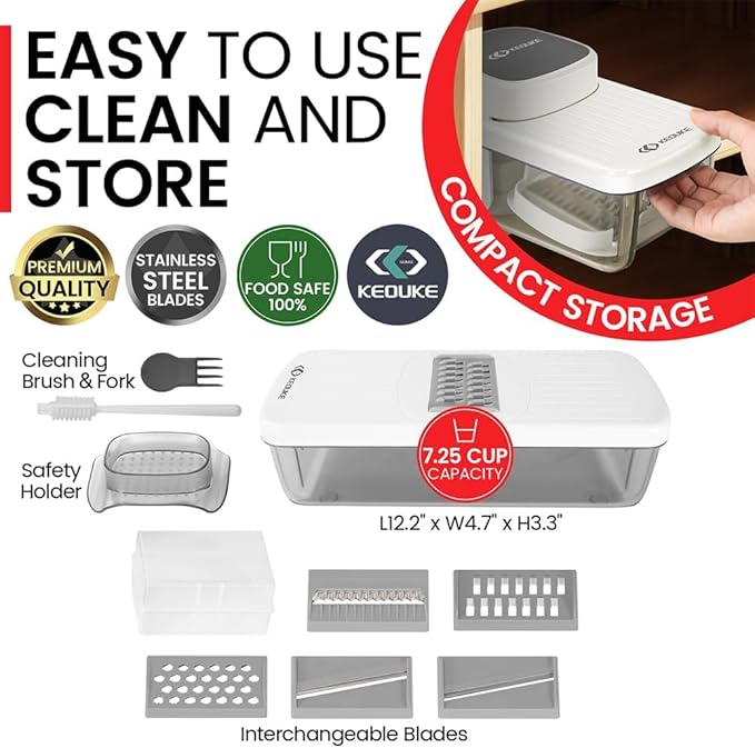 KEOUKE 6-in-1 Multi-Functional Vegetable Mandoline Slicer with Container White - Vegetable Slicer with Hand Guard for Kitchen Easy Food Prep, Onion Potato Veggie Fruit