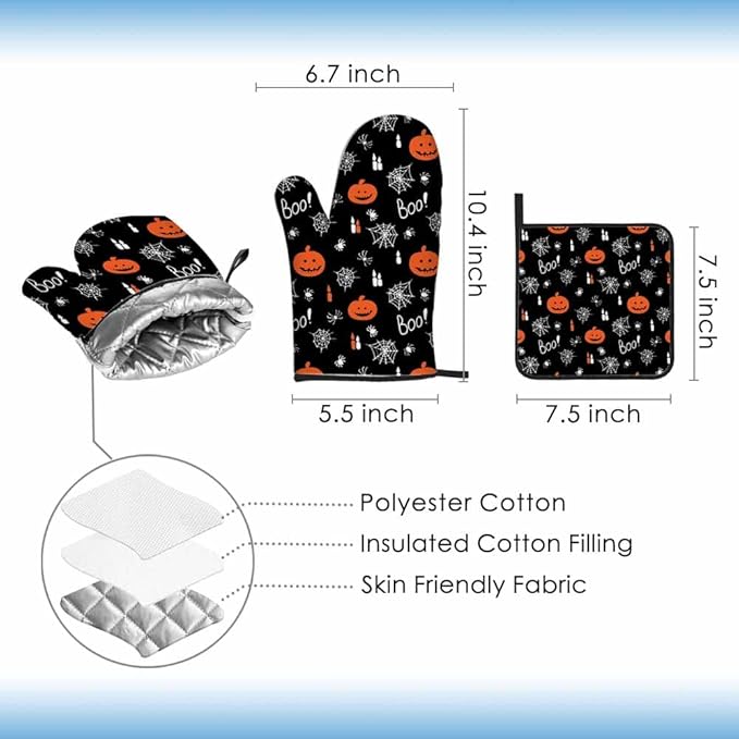 Halloween Oven Mitts and Pot Holders Sets Jack Lantern Pumpkins Candles Spiders Boo Heat Resistant 3pcs for Cooking Baking BBQ