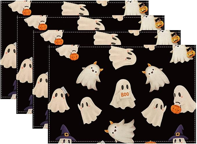 Halloween Cute Placemats 12x18 Inch Set of 4, Halloween Funny Ghost Pumpkin Table Place Mat Black and White Ghost Washable Table Mats Decorative Linen Fabric Table Mat for Dining Table