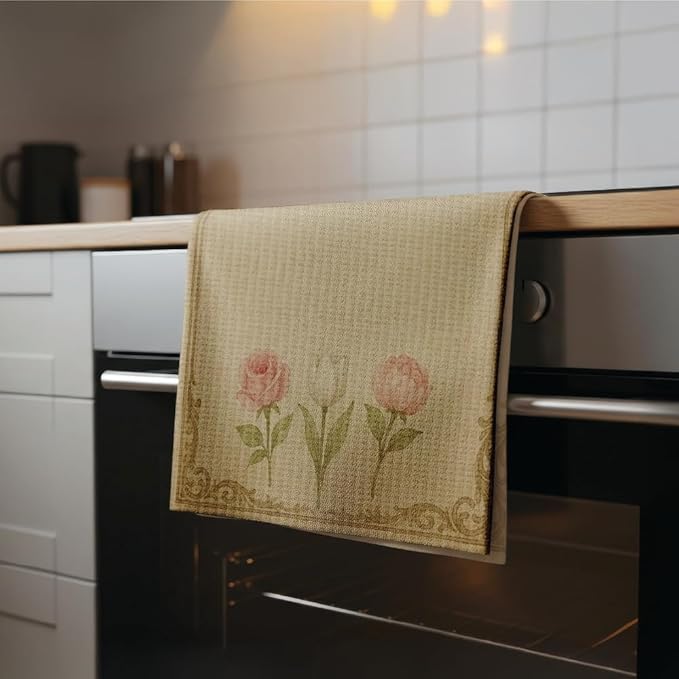 Easter Gift Kitchen Microfiber Waffle Tea Towels Set of 2 Absorbent & Fast Drying Dish Cloths for Cleaning,Vintage Floral Herbs Boho,Decorative Hand Towels for Bathroom, 20x28" (VintageTulip Roses)