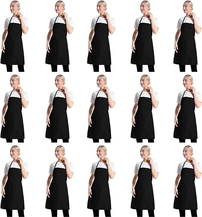 15 PCS Black Bulk Aprons for Women Men Unisex Adult with 2 Pockets, Chef Kitchen Server Grill Restaurant Cooking Baking Painting Bib Apron (Black-24 x28)