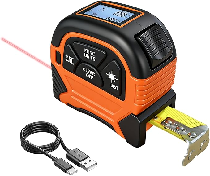 2-in-1 Laser Tape Measure, 197Ft Laser Measuring Tool & 16Ft Measuring Tape with M/in/Ft/Ft+in Units, Magnetic Hook - Pythagorean, Area, Volume, Digital Tape Measure for Woodworking and DIY