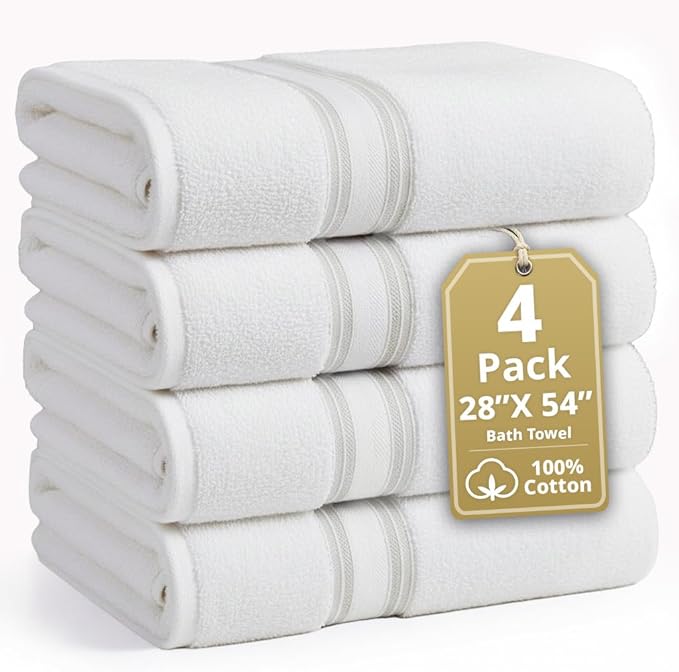 LANE LINEN 100% Cotton 4 Pack Bath Towels (28"x54") - Zero Twist, Cotton - Large Towels for Bathroom - Quick Drying, Highly Soft & Absorbent Shower Towel Set - Hotel & Spa Quality - White Towel Set