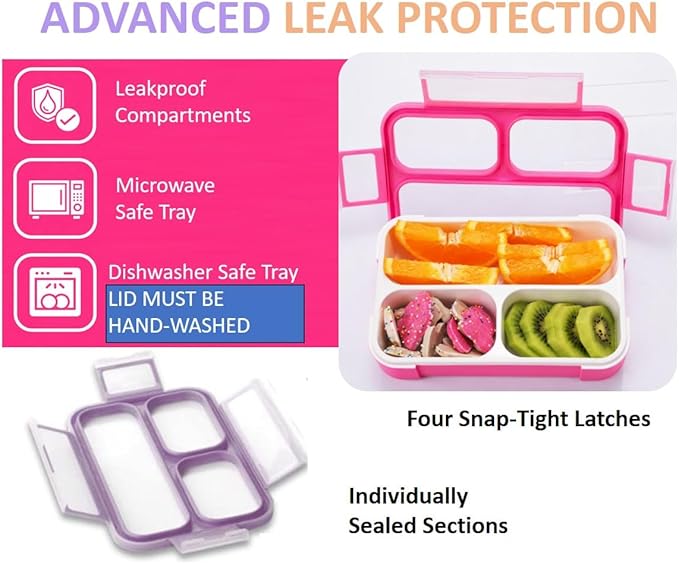 Small Snack Containers for Kids Toddlers - 3 Compartments (Set of 3) - Leak-Proof Reusable Boxes with Lids -BPA-Free Plastic Mini Bento Lunch Box - Ideal for School, Holds 2 Cups (Pink+ Purple+ Coral)