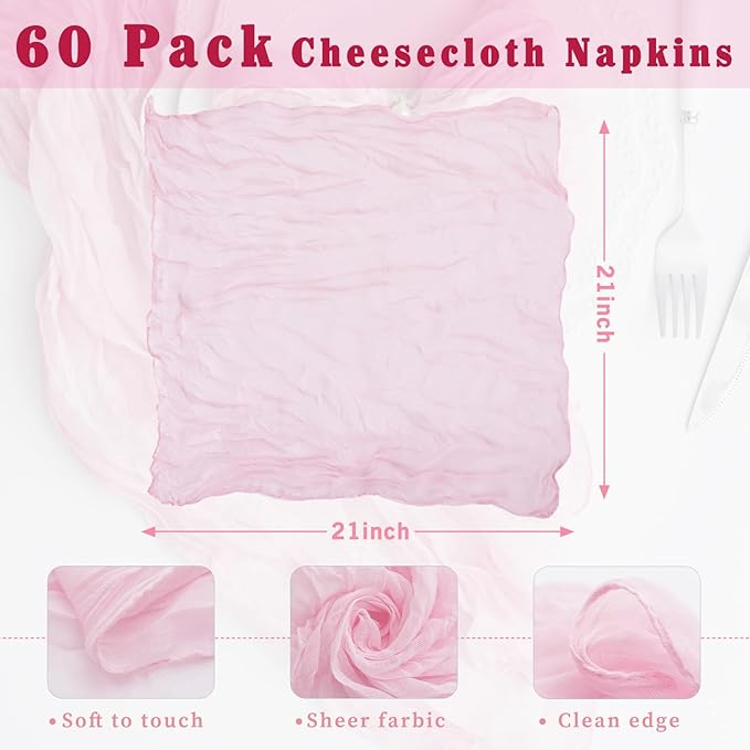 60 Pack Light Pink Cloth Napkins 21x21 Inches Light Pink Cheesecloth Napkins Set of 60 Washable Dinner Table Napkins for Wedding Summer Bridal Baby Shower Rustic Boho Cotton Gauze Party Table Decor