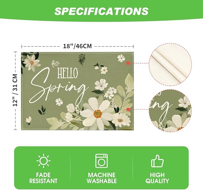 Artoid Mode Olive Green Hello Spring Daisy Flowers Spring Placemats Set of 4, 12x18 Inch Seasonal Holiday Table Mats for Party Kitchen Dining Decoration