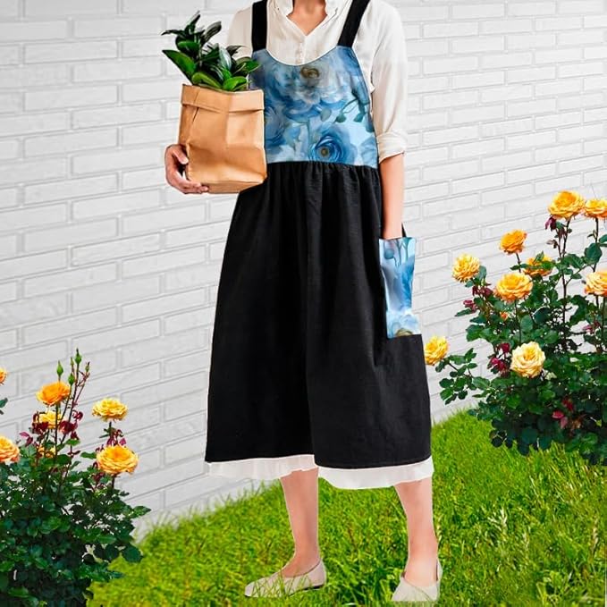 Uaussi Cotton Linen Apron Cross Back Work Apron for Women with Pockets Pinafore Dress X Cross Halter Apron for Chef Gardening