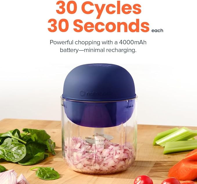 Nutricook Choppi Cordless Electric Vegetable Chopper & Mini Food Processor for Dicing, Shredding, Mincing, and Puree, Portable and Rechargeable, 2-Cup, 500 mL, 4000 mAh Battery, Blue