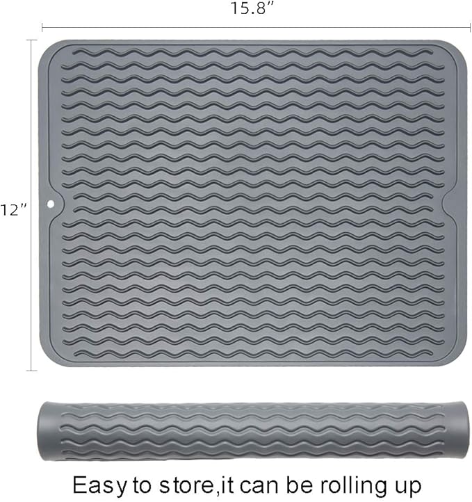 ZLR 2 Pcs Silicone Dish Drying Mat & Heat Resistant Trivet (12" x 16") - Waterproof Counter Protector for Coffee Maker - Non-Slip, BPA Free Kitchen Pad, Easy Clean Dishwasher Safe (Dark Gray)