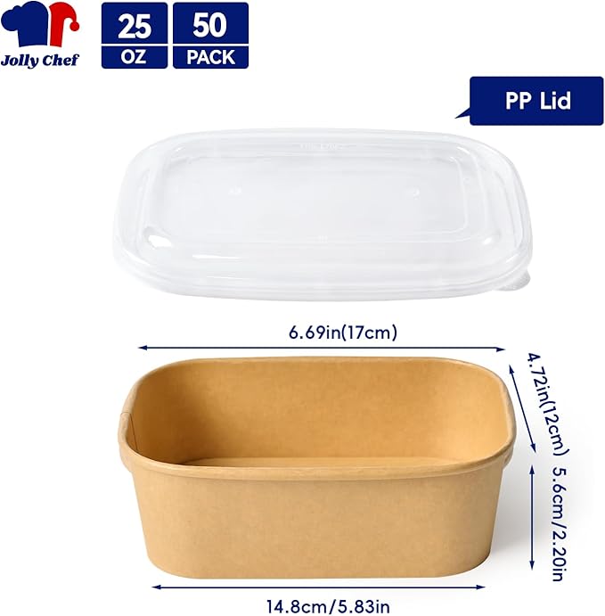 JOLLY CHEF 25 oz 50 Pack Paper Meal Prep Containers with Lids, Rectangular Disposable Food Containers, Brown Paper Bowls with Lids for Thanksgiving, Christmas, Parties
