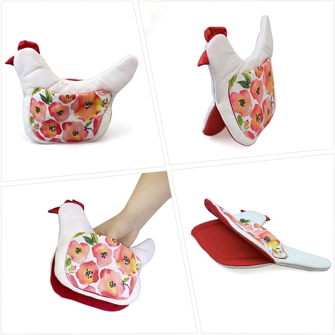 Farmhouse Chicken Oven Mitts Set of 2, Heat Resistant Quilted Pot Holders Kitchen Gloves Rustic Farmhouse Kitchen Decor, Cute Chicken Lover Gift for Cooking & Baking