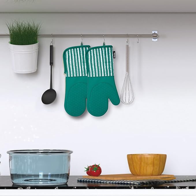 Alselo Silicone Oven Mitts Heat Resistant 932℉ with Waterproof & Non-Slip Kitchen Mittens, Set of 2 Extra Long Oven Gloves with Soft Cotton Terry Lining for Baking Cooking Barbecue (Emerald Green, 2)