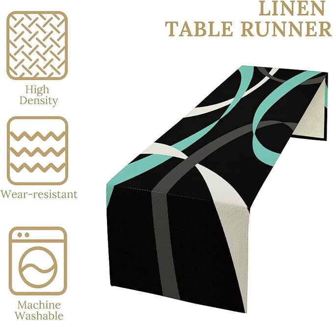 Abstract Geometric Table Runner Teal Grey and White Striped Black Background Modern Kitchen Dinner Runner for Indoor Home Living Room Party Dining Table Decoration 13"x70"