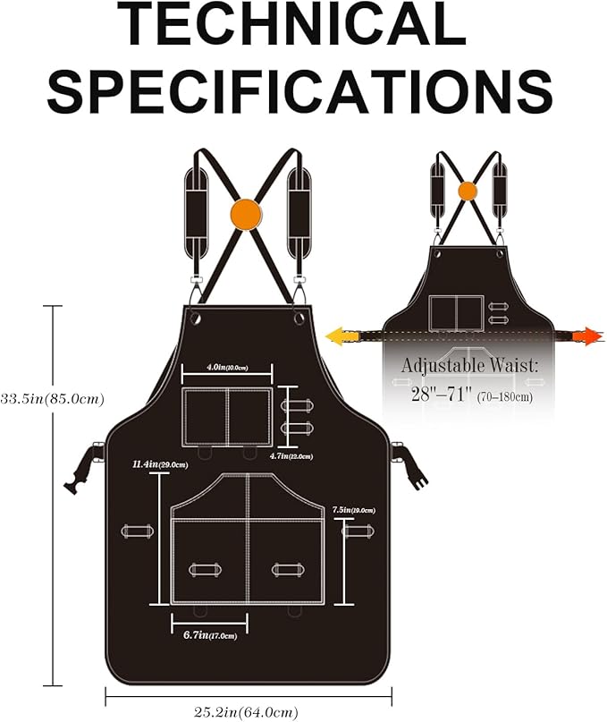 Heavy Duty Canvas Tool Aprons for Men: 6-Pocket, with Quick-Release Buckle, Ergonomic X-Cross Back, Adjustable Waist 28"–71", Mechanics Apron for Men, Ideal for Woodworking, Workshop, DIY & Carpentry