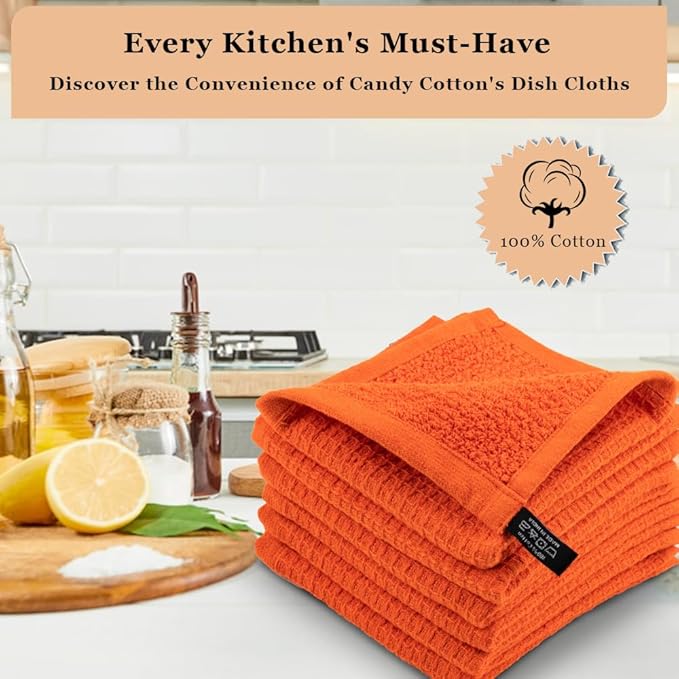 Dish Towels|Kitchen Dish Cloths Two-Sided Waffle Terry|12x12 Inches 100% Cotton Dish Rags Washing Dishes|Super Absorbent Reusable Quick Drying Dish Towels|Spring Easter Basket Decor| 6-Pc Set-Orange