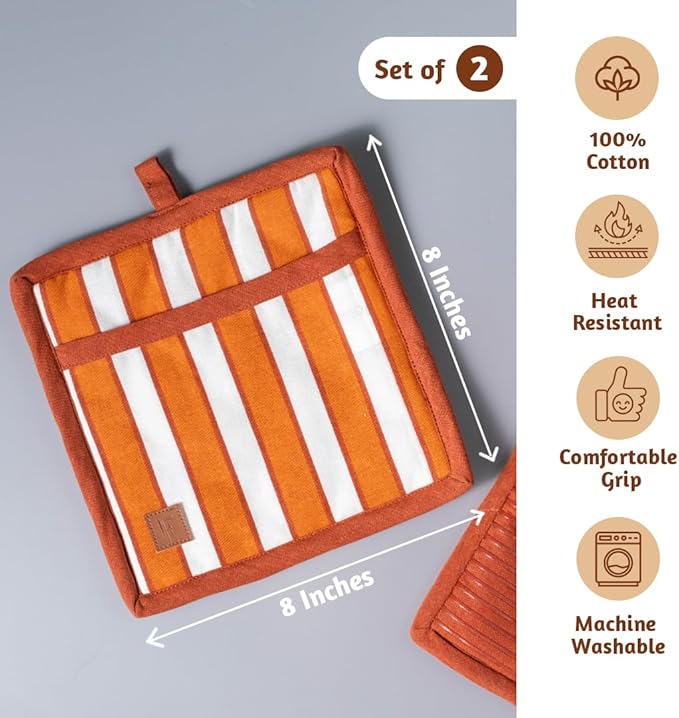 Folkulture Pot Holders for Kitchen | Pack of 2 (8x8) Ribbed Soft Silicone Hot Pads for Kitchen | 100% Cotton Cute Fall Pot Holders Set | Heat Resistant | Machine Washable | Fall Essentials