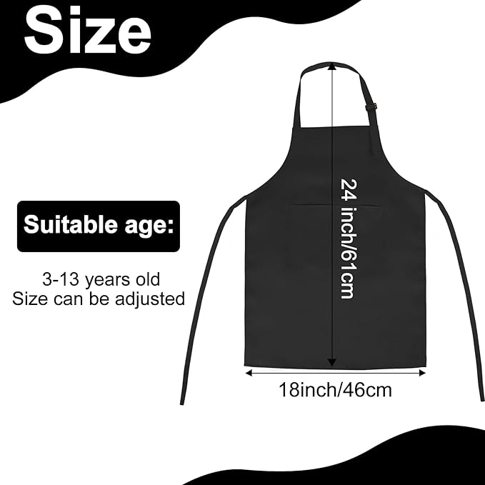 12 Pack Kids Apron Bulk with 2 Pockets Adjustable Chef Art Apron Kids Painting Aprons for Cooking Baking Painting Crafting Grilling Activity（Black）