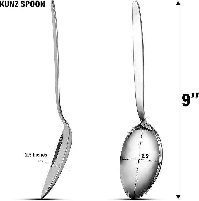 Kunz Perforated and Regular Set | Pack of 2 | 9 Inch 18/10 Stainless Steel Cooking Serving Spoon | Daily Chef, Basting, Quenelle, Saucing, Plating Spoon | Dishwasher safe
