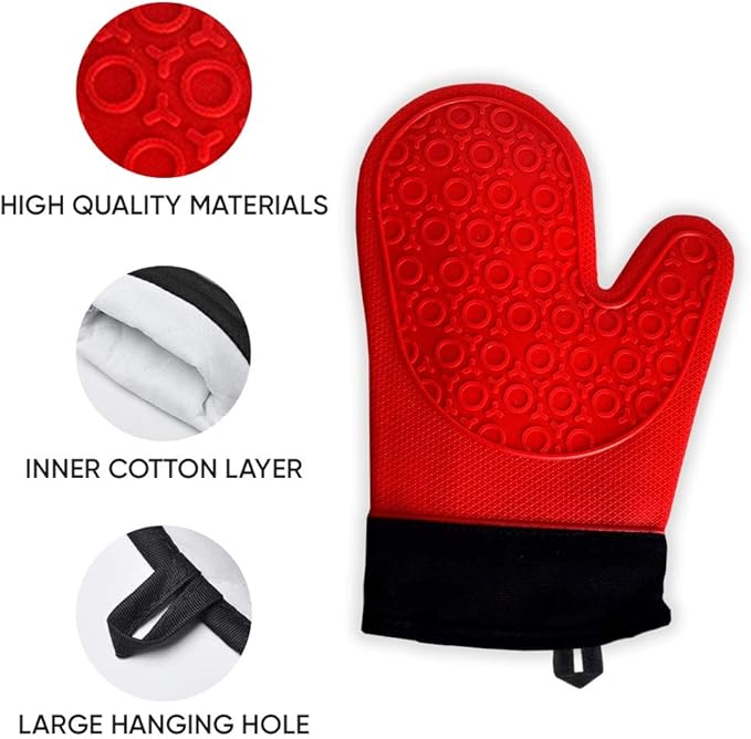 2PCS Red Black Professional Extra Large Silicone Oven Mitts and Pot Holders Oven Gloves Heat Resistant Gloves Kitchen Mittens BBQ Holders for Cooking Grill Rubber for Cooking
