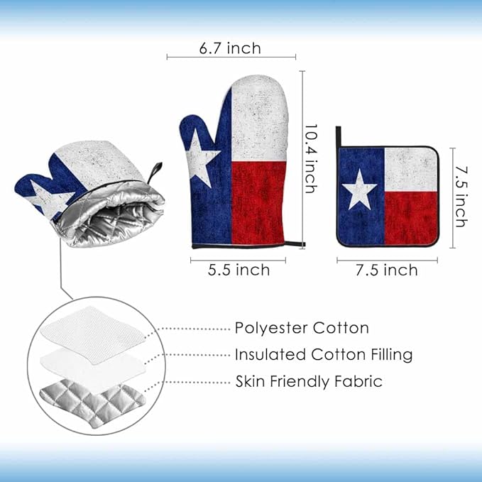 Flag Oven Mitts and Pot Holders Sets Blue Red White Star Retro Heat Resistant 3pcs for Cooking Baking BBQ