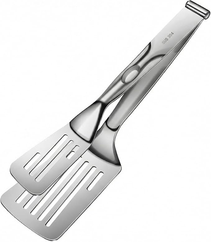 Durable 304 Stainless Steel Spatula Tongs, Rust-Proof 2-in-1 Cooking Tongs for High Heat, Solid One-Piece Design Food Turner, Professional Kitchen Essential