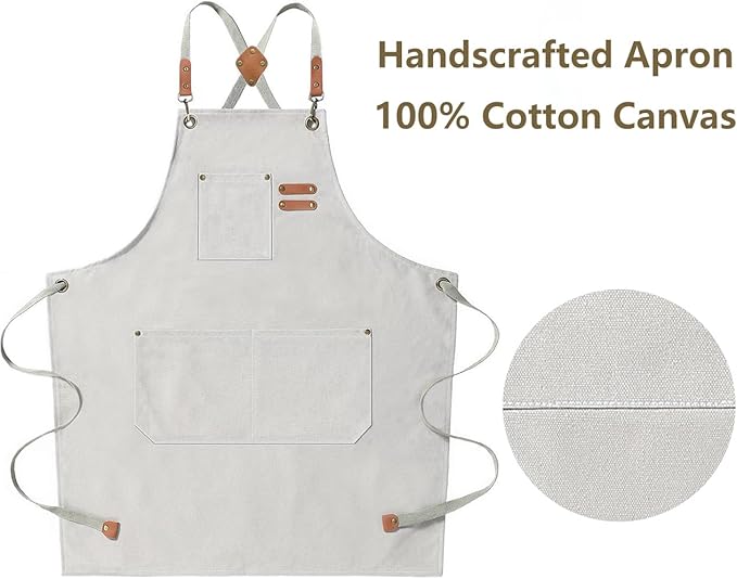 AFUN Chef Aprons for Men Women with Oversized Pockets, 16-Ounce Cotton Canvas Cross Back Heavy Duty Work Apron (Beige)