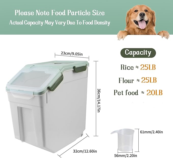 Large Flour Storage Container 25lbs, (4 Pack) BPA Free Rice Dispenser Bin with Locking Lid & Wheels, Measuring Cup, Scoop Kitchen Pantry Organizer for Flour, Rice, Grain, Cereal, Dog Food (Green)
