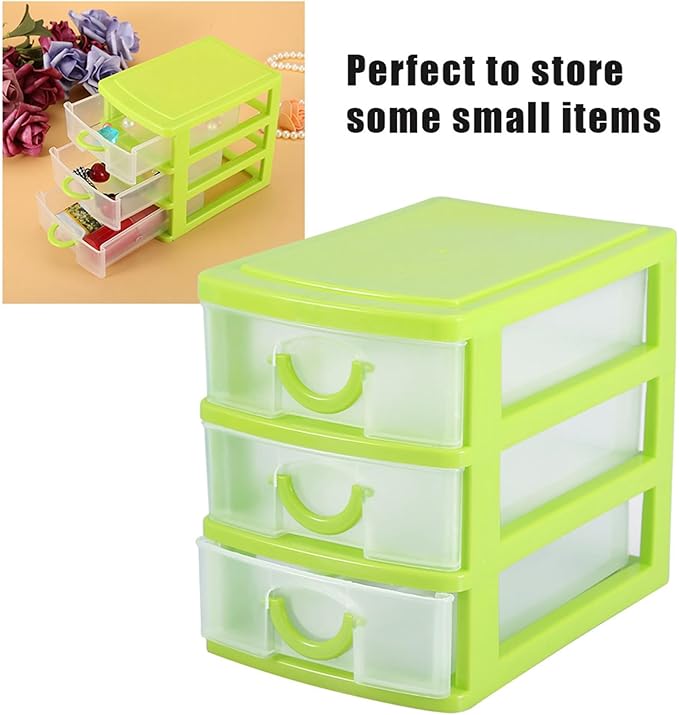 3 Tier Plastic Drawer Organizer with Adjustable Dividers, Compact Detachable Storage Box for Jewelry Makeup Accessories, Multi Purpose Home Office Bathroom Organization (3 Layers of Green)
