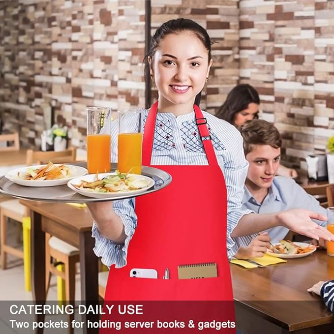 Jubatus 2 Pack Bib Aprons with 2 Pockets Cooking Chef Kitchen Apron for Women Men, Red