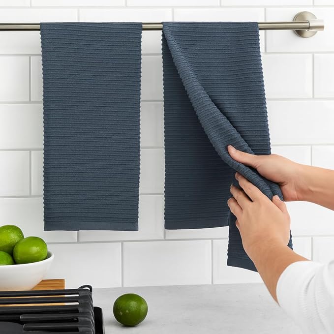 Serafina Home Slate Blue Gray Grey Kitchen Hand Dish Towels: Oversized 28" x 18", 100% Cotton Cloth Soft Cleaning Drying Absorbent Ribbed Design, Set of 3 Multipurpose for Everyday Use
