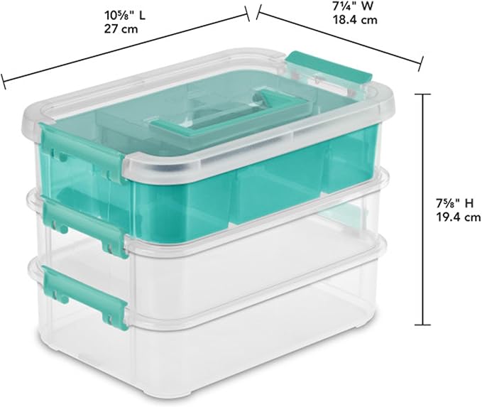 Sterilite 12 Pack Plastic Storage Box Container, 3 Layer, Stack and Carry, Clear/Blue