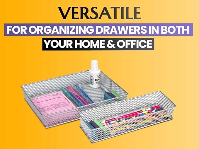 YBM HOME Silver Mesh Drawer Cabinet and or Shelf Organizer Bins, School Supply Holder Office Desktop Organizer Basket (2, 6x15x2 Inch)