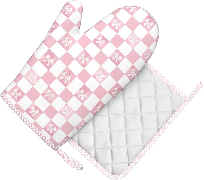 Oven Mitts and Pot Holders Pink Check Bow Pattern Silicone Kitchen Accessories Set of 2 Heat Resistant Long Gloves Potholder Non-Slip Grip for Chef Cooking Baking Grilling BBQ