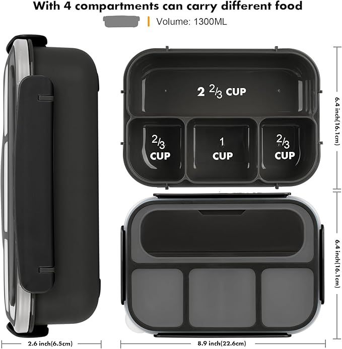 Yumuk Bento Box Adult Lunch Containers, 5 Cup Box with 4 Compartments &Spork &Sauce Box, Leak-Proof, Microwave/Dishwasher Safe(Black)