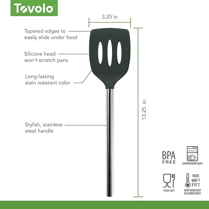 Tovolo Slotted Silicone Spatula Turner Slotted Stainless Steel Handle 10" Charcoal Gray Heat Resistant Non Toxic BPA Free Kitchen Utensil, Silicone Egg Pancake Flipper Metal Handle Turner for Cooking