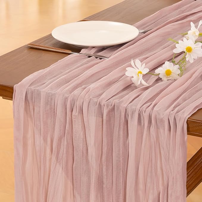 Socomi 2pcs Pink Cheesecloth Table Runner Easter Spring Boho Rustic Gauze Dusty Pink Farmhouse 120 inch 10FT Cheese Cloth Runner for Wedding Party Baby Shower Birthday Home Decor