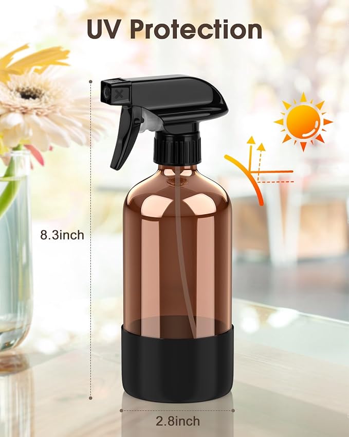Bontip Glass Spray Bottle with Silicone Sleeve Protection, Amber Glass Spray Bottle Set for Window Cleaner Aromatherapy Facial Hydration Watering Flowers Hair Care 2 Pack/16 oz (Black & White, 16 oz)