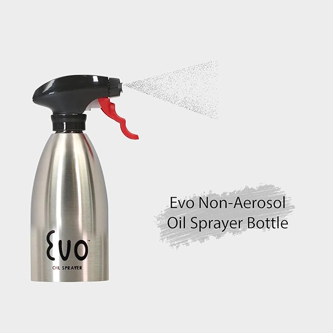 Evo Oil Sprayer 18/8 Stainless Steel, Non-Aerosol for Olive, Cooking Oils, and Vinegars, Silver, 16-Ounce Capacity