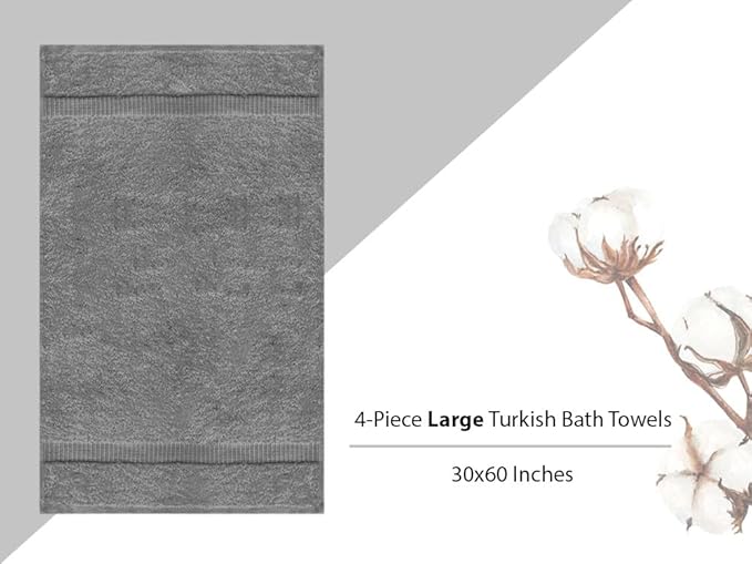Towel Bazaar Premium Cotton Super Soft and Absorbent Turkish Towels (4-Piece Extra Large Bath Towels, Gray)