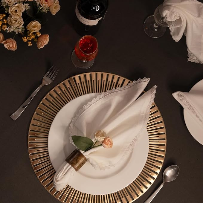 FINGERCRAFT Dinner Cloth Napkin Cotton Linen 12 Pack Vintage Rustic Premium Quality Mitered Corners Napkin Cloth with Elegant Lace for Everyday Use Pre Shrunk and Good Absorbency 20x20 in White
