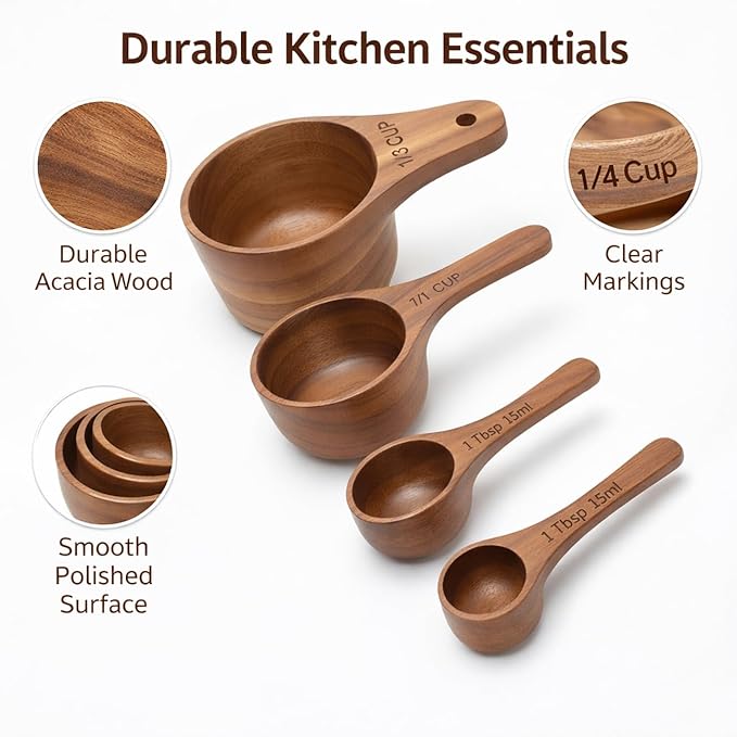 Wooden Measuring Cups and Spoons Set - Eco-Friendly Solid Acacia Wood, Laser Engraved Measurements, Perfect for Baking & Cooking - Ideal for Bakers (4-Pc Small Acacia Measuring Cups)