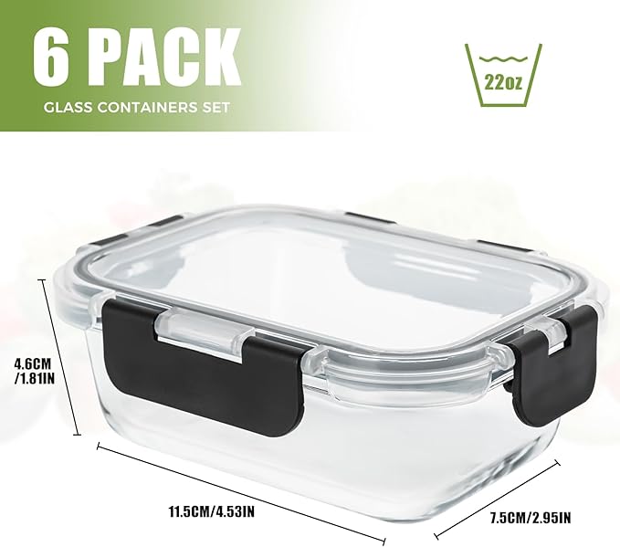 Glass Food Storage Containers with Lids Set of 6, 22 OZ Glass Meal Prep Containers for Lunch, Microwave, Oven, Freezer & Dishwasher Safe, BPA-Free
