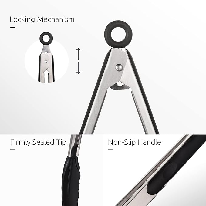 Kitchen Tongs, U-Taste 7/9/12 inches Cooking Tongs, with 600ºF High Heat-Resistant Non-Stick Silicone Tips, 18/8 Stainless Steel Handle, for Food Grill, Salad, BBQ, Frying, Serving, Pack of 3(Black)