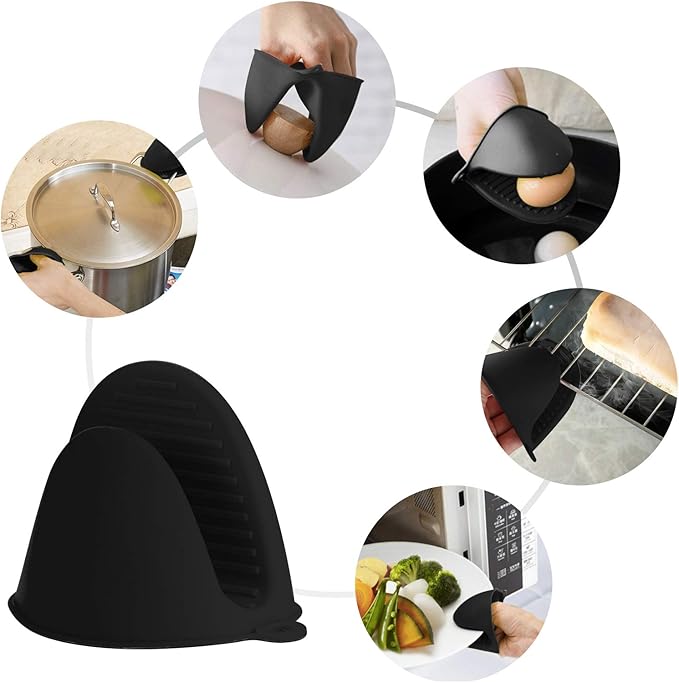Vaincre 4PCS Silicone Oven Mitts Heat Resistant, Silicone Potholders for Kitchen, Mini Rubber Oven Glove Kitchen Mittens, Cute Cooking Mitts (Black and Black)