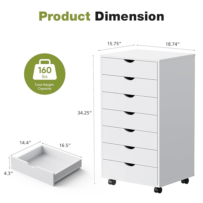 Sweetcrispy 7 Drawer Chest Mobile Storage Cabinets Wooden Dresser with Wheels Room Organization Furniture for Office, Pure White