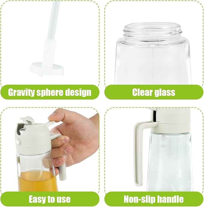 3 Pack 16oz/470 ml Olive Oil Dispenser Bottle 2 in 1 Clear Glass Oil Sprayer and Container Refillable Dispenser with Automatic Cap Portable Spray Bottle for Cooking Baking White