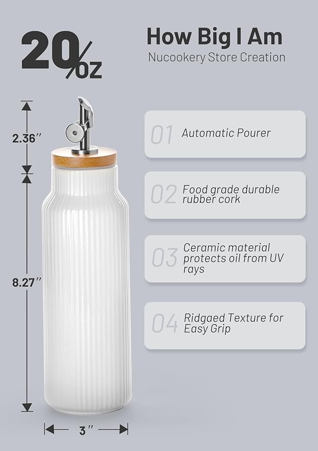 Nucookery 20oz Ceramic Olive Oil Dispenser Bottle for Kitchen spray, Large Capacity Cooking Oil Container for Storage Vinegar, Soy Sauce, Coffee Syrup, Liquids, White